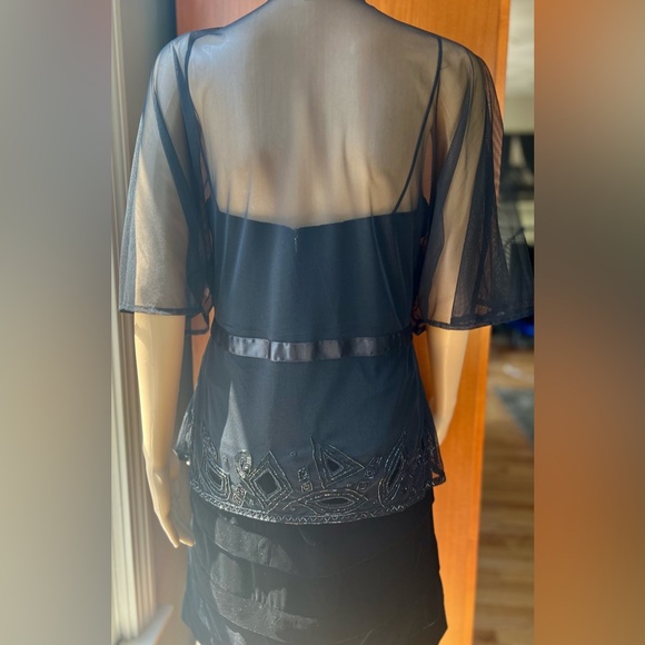 Vintage 90s Black Beaded Mesh Art Nouveau Top Ribbon Bow Glam Goth Victorian - Picture 7 of 10